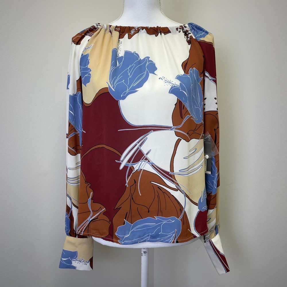 NEW Worthington Peggy Floral Tie Back Blouse XS Blue Rust Long Sleeve Boat Neck
